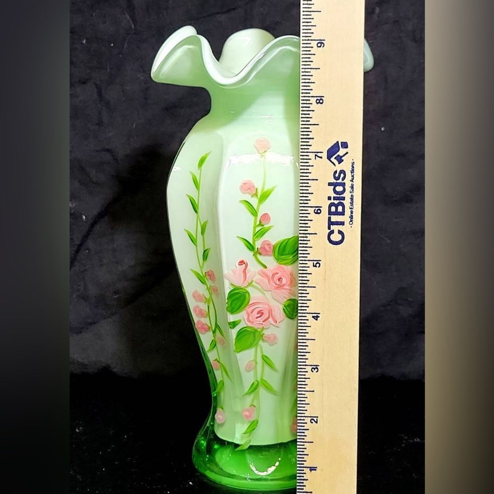 Fenton Ruffled Cased Green and Pink Hand Painted Floral Vase - Picture 3 of 3